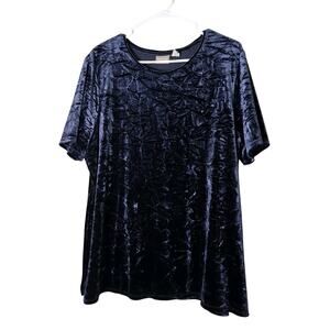 Chicos Crushed Velvet Blouse Top Size 3 (XL/ 16) Blue Short Sleeve